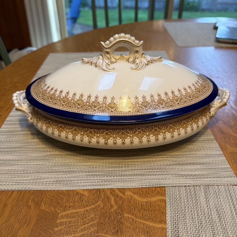 Royal Worcester Vitreous 13" Oblong Covered Dish Cobalt Gold 1890s MINT